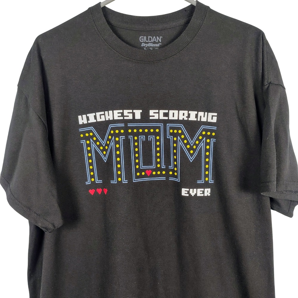 Gildan Womens XL Highest Scoring Mom Ever T-Shirt Black Cotton Blend Retro Core